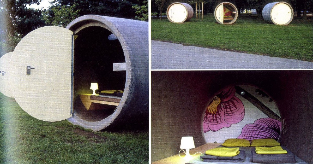 Dans un cylindre en béton en Autriche Le Park Hotel en Autriche propose des chambres des plus cocasses car elles sont en réalité de gros cylindres en béton de 9 tonnes chacun. Posé en plein milieu de la campagne, chaque cylindre dispose du strict minimum niveau confort. Pour la douche, ce sera de l'eau froide et dehors d'ailleurs ! Certains y voient en revanche un retour à la nature, avec une petite touche "éco-chic" bien tendance.